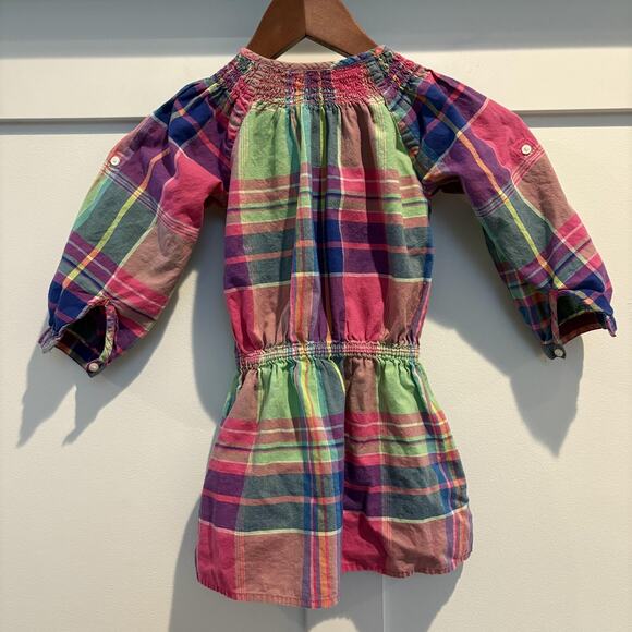 Ralph Lauren Dress Girls 2T Plaid Smocked Long Sleeve Pony Logo Madras Multi - Picture 4 of 11